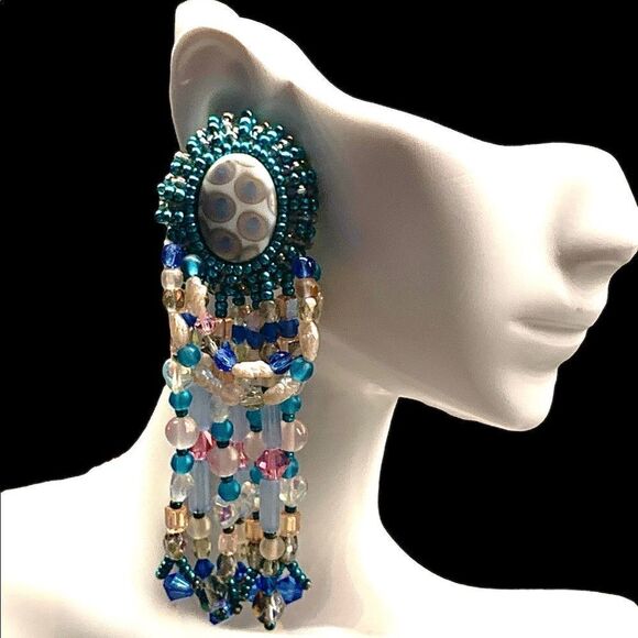 Blue pink ab iridescent festoon chandelier hand beaded large pierced earrings - Picture 4 of 12
